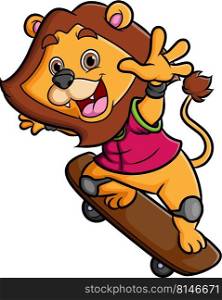 The happy lion is playing the skateboard and doing the attraction