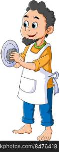 The happy man is cleaning and dishes the plate with the cloth 
