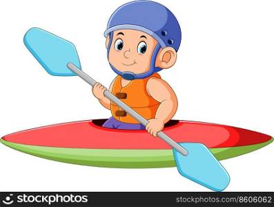 The happy man is doing the sport with rowing the canoe 