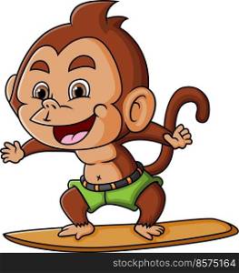 The happy monkey is playing a surfboard on the beach