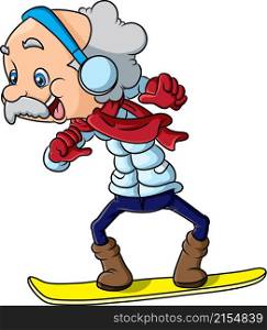 The happy old man is playing the ice boarding with the happy face