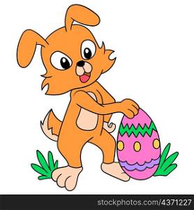 the happy rabbit carries a very large easter egg