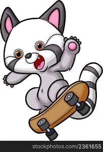 The happy raccoon is playing and rolling with the skateboard