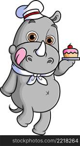 The happy rhinoceros is serving the cake in the restaurant 