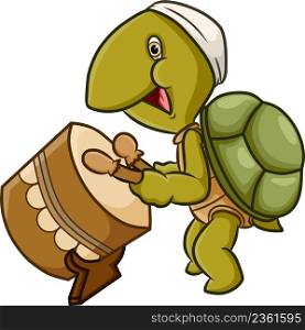 The happy turtle is hitting the islamic drum
