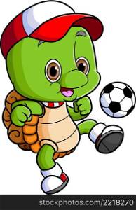 The happy turtle with the hat is playing the football