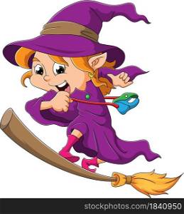 The happy witch is standing in the magic broom