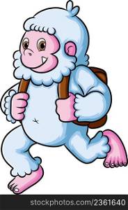 The happy yeti is bringing the bag and ready to school