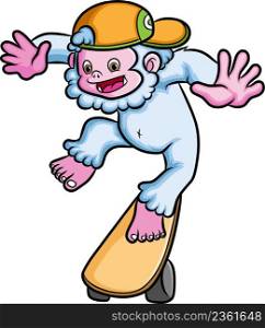 The happy yeti is playing the attraction with the skateboard