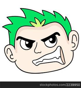 the head boy with green hair is arrogant and angry expression