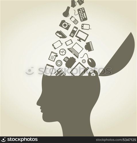 The head gives out ideas of electronics. A vector illustration