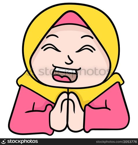 the head of a beautiful woman wearing a muslim hijab with an apologetic gesture