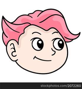 the head of a handsome man with a friendly face smiling pink hair