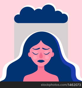 The head of a young woman in the rain.Sad woman with psychological and emotional problems.The psychological concept of therapy.Stress, anxiety, sadness.Flat vector illustration
