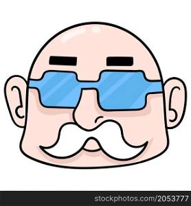 the head of an old man with a white mustache wearing shiny bald haired glasses