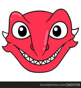 the head of the monster is red with a scary face smiling