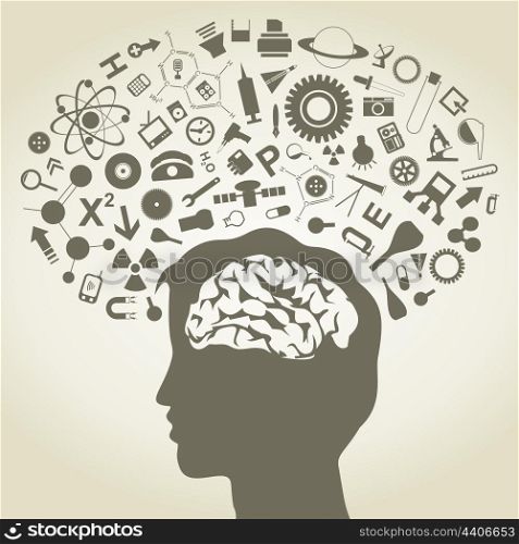 The head of the person consists of objects of science. A vector illustration