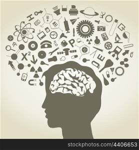 The head of the person consists of objects of science. A vector illustration