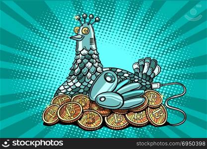The hen incubates electronic money bitcoin. Comic cartoon pop art illustration retro vintage kitsch vector. The hen incubates electronic money bitcoin