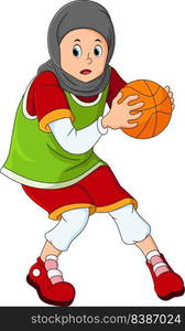 The hijab girl is playing basketball and holding the ball