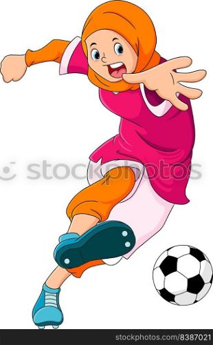The hijab girl is playing football and kicking the ball