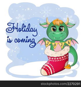 The holiday is coming. Cute cartoon green dragon in santa hat. 2024 new year, chinese calendar. Cute cartoon green dragon in santa hat. 2024 new year, chinese calendar