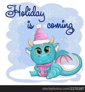The holiday is coming. Cute cartoon green dragon in santa hat. 2024 new year, chinese calendar. Cute cartoon green dragon in santa hat. 2024 new year, chinese calendar