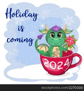The holiday is coming. Cute cartoon green dragon in santa hat. 2024 new year, chinese calendar. Cute cartoon green dragon in santa hat. 2024 new year, chinese calendar