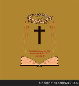 The Holy Bible. Religious symbols with the biblical verse. Vector image symbolizing salvation through the Bible and the word of God.
