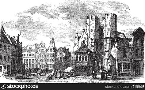 The holy place of Saint Pharailde and the old castle of Flanders in Ghent, Belgium, during the 1890s, vintage engraving. Old engraved illustration of holy place of Saint Pharailde and old castle of Flanders with people in front.