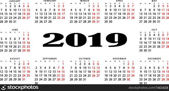 The horizontal calendar for 2019. Output is highlighted in red