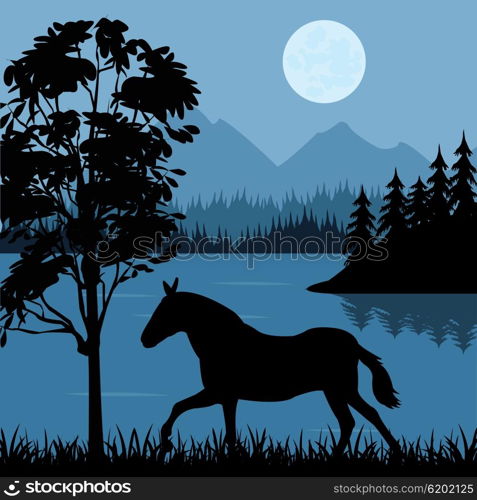 The Horse grazes ashore timber lake.Vector illustration. Coast lake