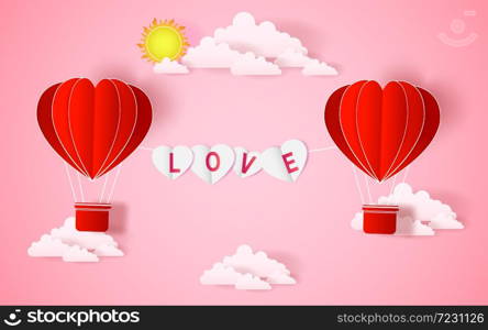 The hot air heart balloon, sun and countryside on pink sky as love, happy valentine's day, wedding and paper art concept