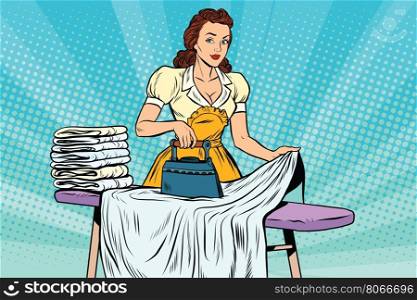 The hotel maid iron irons linen, pop art retro vector illustration. Hotel service and cleaning
