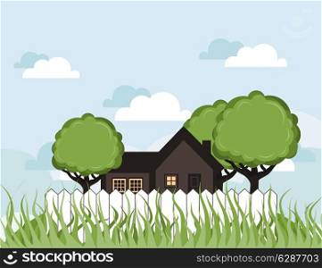 The house in a garden with trees. A vector illustration