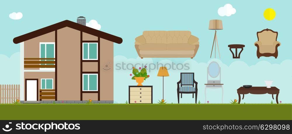 The house is furnished with furniture. Modern Flat style Vector Illustration. EPS10. The house is furnished with furniture. Modern Flat style Vector