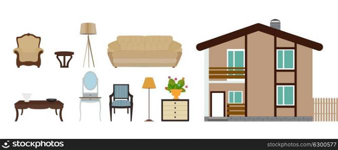 The house is furnished with furniture. Modern Flat style Vector Illustration. EPS10. The house is furnished with furniture. Modern Flat style Vector