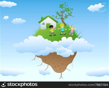 the house with happy kids playing on floating island in blue sky with clouds