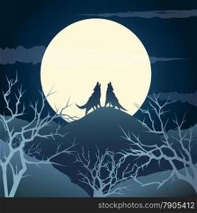 The howling wolves on a hill against full moon. . Howling wolves