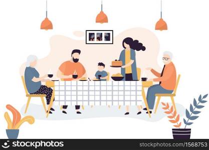 The huge family is sitting at the table. People drink tea together and eat sweets. Family portrait banner. Grandparents, parents and two children. Dining room or kitchen interior. Trendy vector illustration