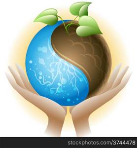 The human hands holds the sphere with growing sprout as allegory of environmentally friendly technologies