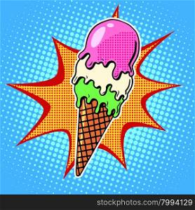 The ice-cream cone with three flavors pop art retro style. Fast and street food. Childhood and sweets. The heat and cold.. The ice-cream cone with three flavors