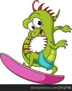 The iguana is doing the surfing on the wave