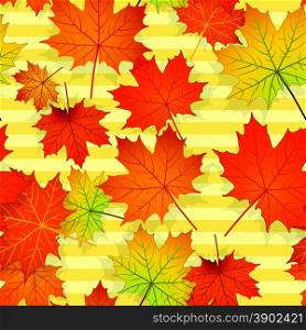 The illustration of seamless pattern with red, green, yellow maple leaves on orange striped background