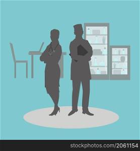 The Illustration of silhouettes of female and male doctors in a medical office. Doctor silhouettes in the medical office