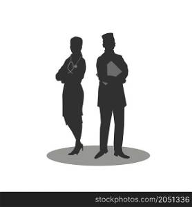 The Illustration of silhouettes of female and male doctors on a light background.