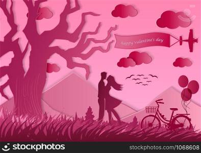 The illustrations of love lover are hugged in the meadow with trees and natural central mountains. Warm love among the pink Concept of valentine day . Paper art and craft stlye.