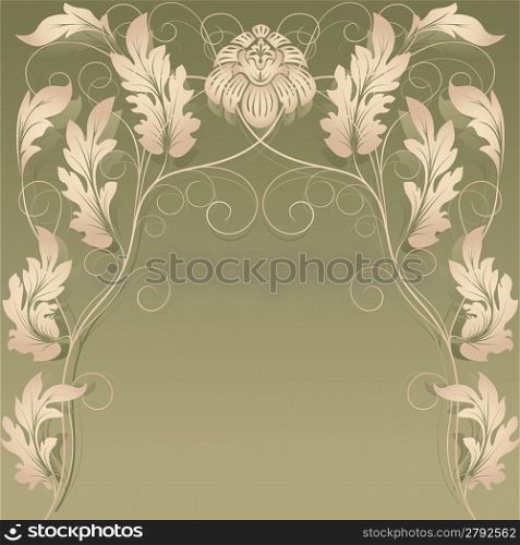 The image of gold abstract flower and leaves on a green background