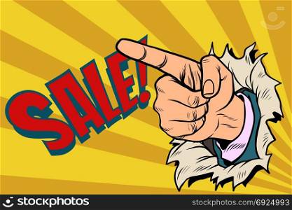 The index finger shows on sale. Pop art retro vector illustration. The index finger shows on sale