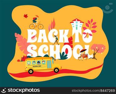 The inscription  back to school  in yellow and blue. School bus rides on the road, the girl rides a bicycle. A girl sits on a bench and strokes a cat under an umbrella. Colorful leaves. EPS 10 vector